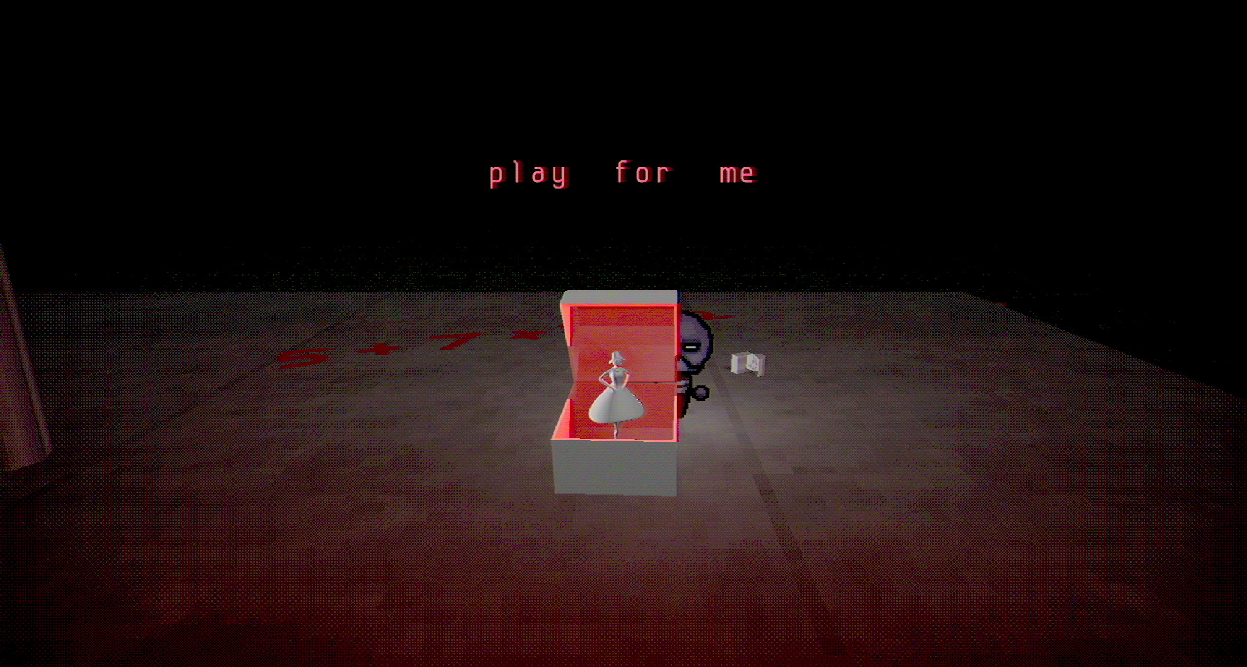 Vertigo development screenshot showing You, playing a music box puzzle with red text that reads 'play for me'
