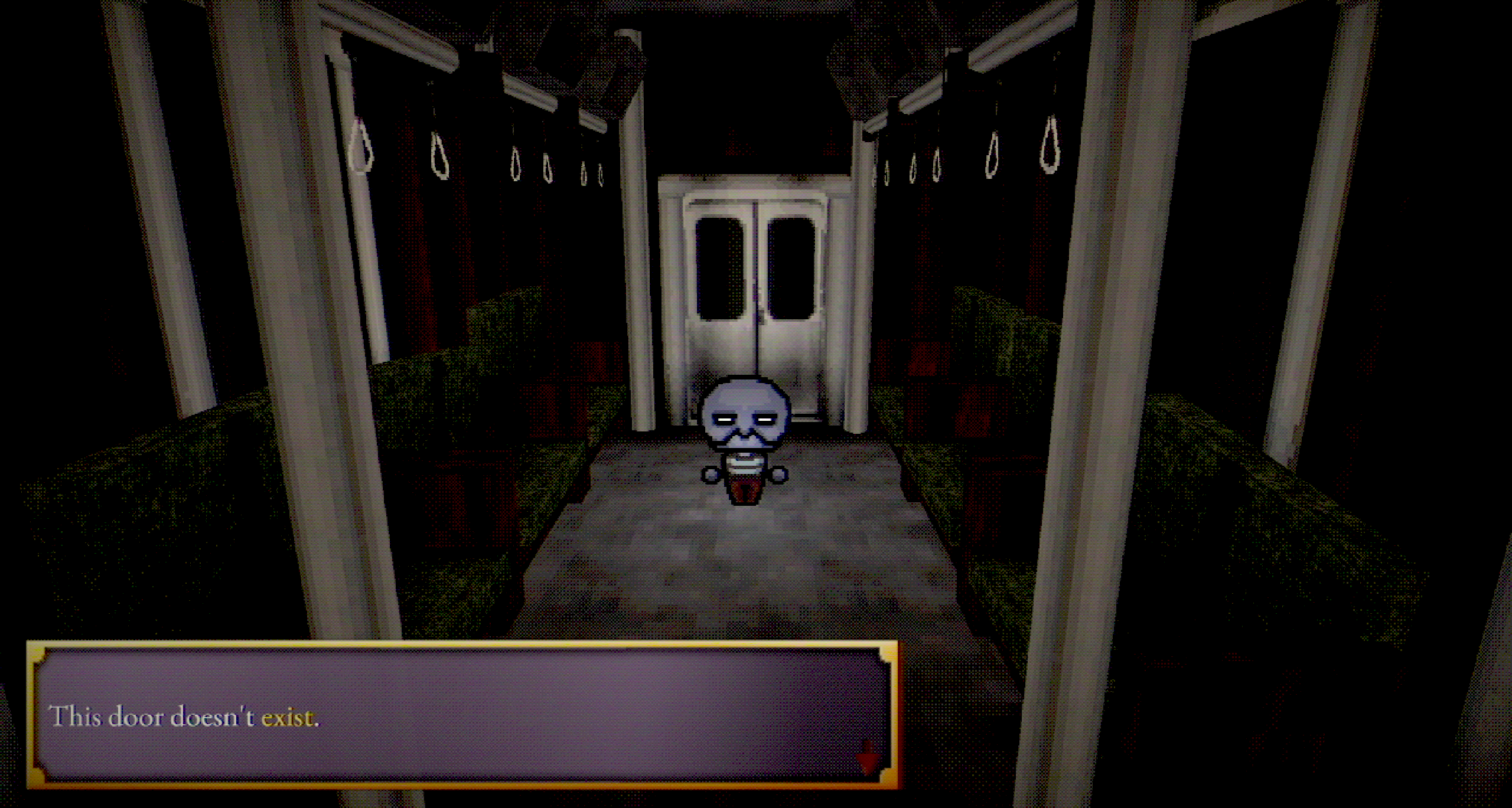 Vertigo development screenshot showing You, riding a train with a dialog box that reads 'This door doesn't exist.'